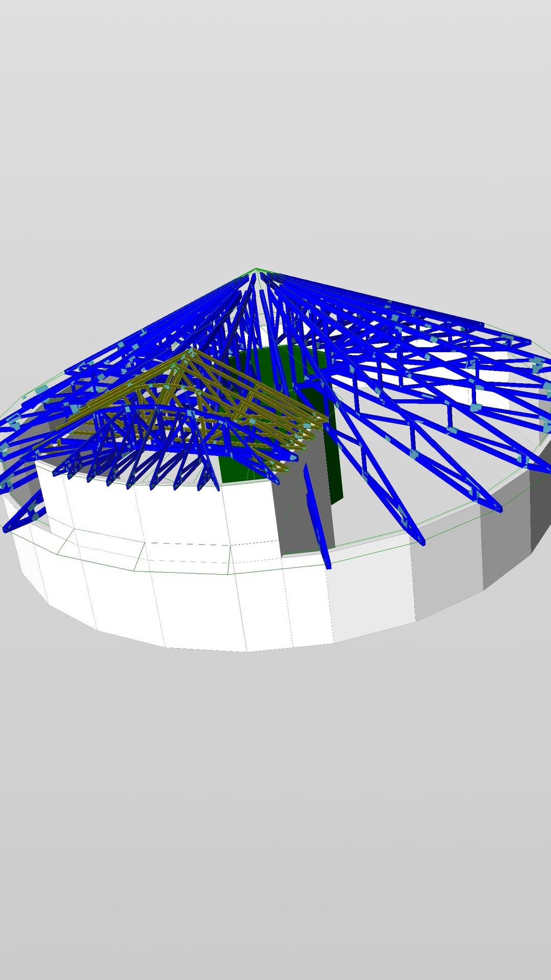 3D model of a circular architectural structure with blue truss framework on top.